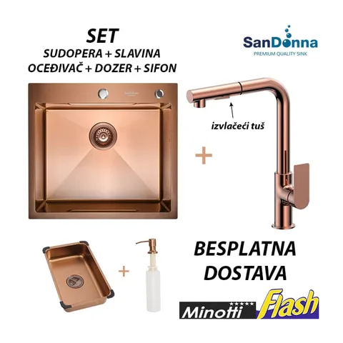 Bakarna INOX Sudopera sa slavinom izvlačeći tuš (SET) – SanDonna – HD5550R