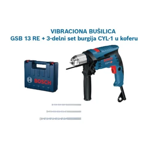 Bosch Vibraciona bušilica GSB 13 RE + 3-delni set burgija CYL-1 u koferu, 0601217104