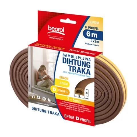 Samolepljiva dihtung traka 6m, D-profil, braon DBR6