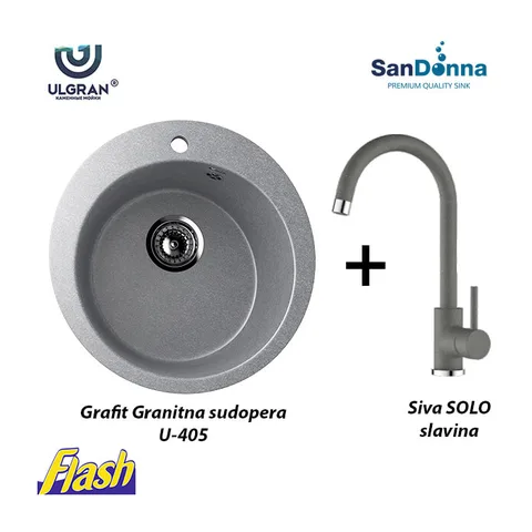 Granitna sudopera Ulgranit ULG510 okrugla (SIVA) + slavina SanDonna – SET