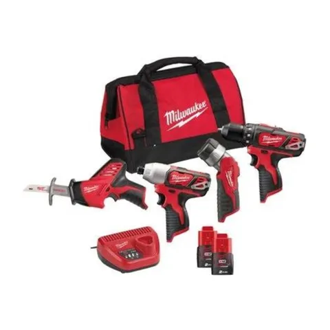 Milwaukee – Aku set – subkompaktna bušilica, subkompaktni udarni odvijač, subkompaktna klipna testerai LED lampa sa dve baterije i punjačem u torbi M12 BPP4A-20