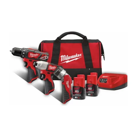 Milwaukee – Aku set – subkompaktna bušilica, subkompaktni udarni odvrtač i LED lampa sa dve baterije i punjačem u torbi M12 BPP3A-202B – 4933441225
