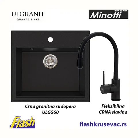 Granitna sudopera Ulgranit ULG560 (CRNA) + slavina – SET (slavina fleksibilno crevo)