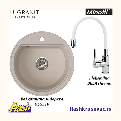 Granitna sudopera Ulgranit ULG510 okrugla (BEŽ) + fleksibilna slavina Minotti – SET