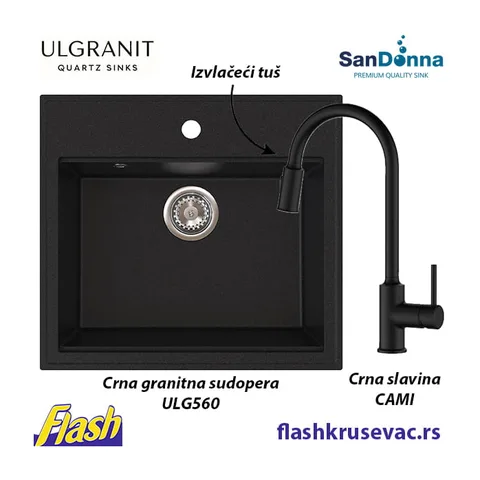 Granitna sudopera Ulgranit ULG560 (CRNA) + slavina – SET (slavina izvlačeći tuš)