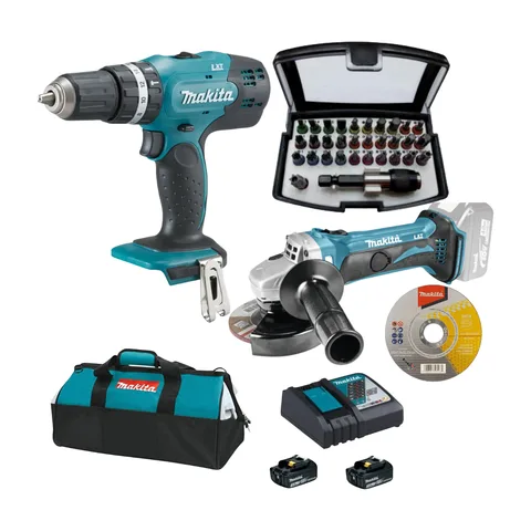 Makita – Aku udarna bušilica-odvijač + Aku ugaona brusilica + Set7 + Torba za alat + Tanka rezna ploča za INOX 25 kom+ Set bitova 32 dela(RAXX) – SETMAK2