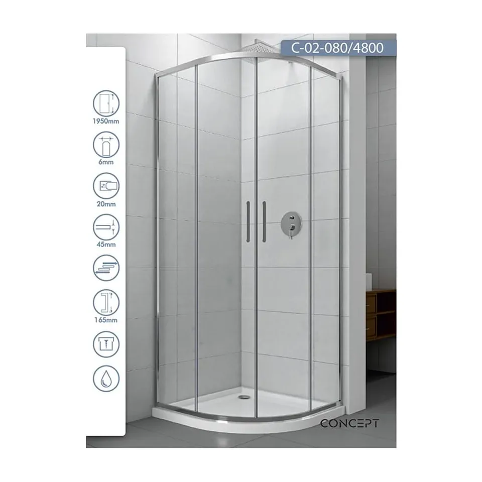Tuš kabina Concept Atlas srebrna R80x195, 6mm, providno kaljeno staklo, polukružna